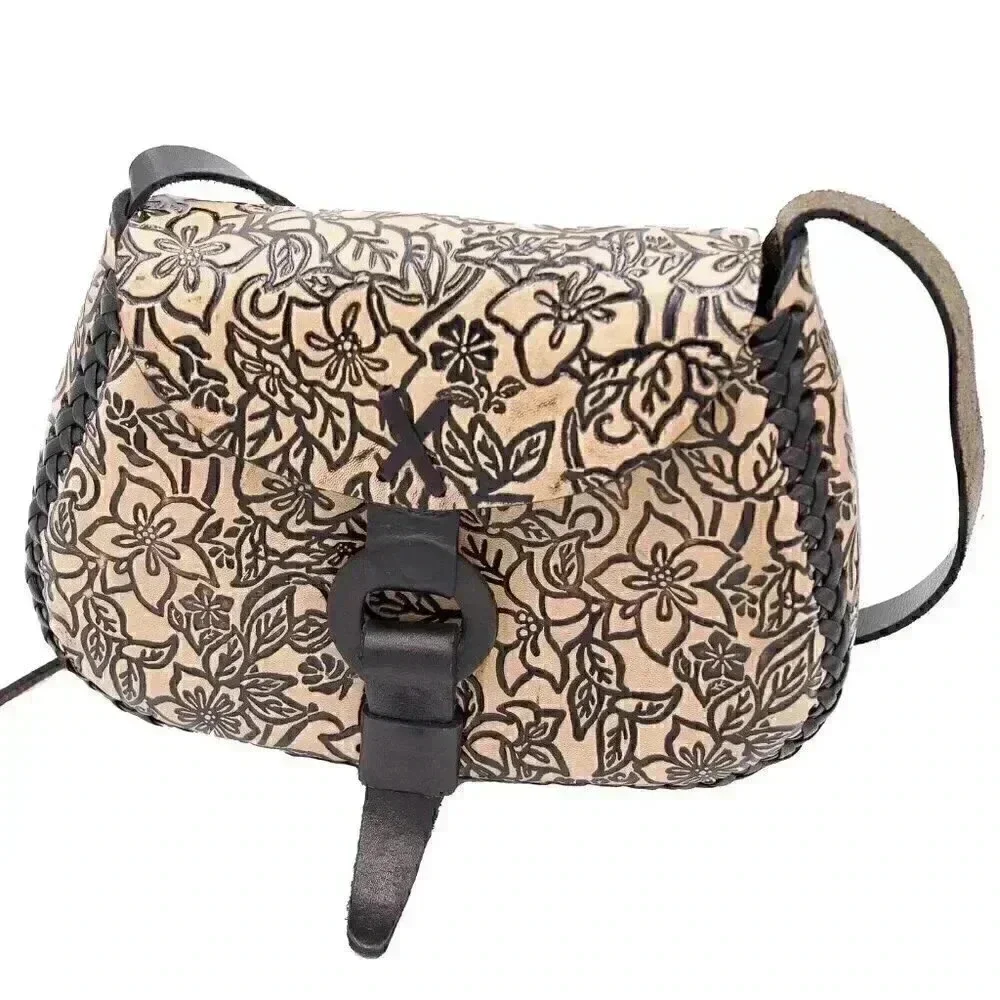 Tan Engraved Floral Leather Shoulder‎ Bag Bohemian Summer Bag Across Body Bag